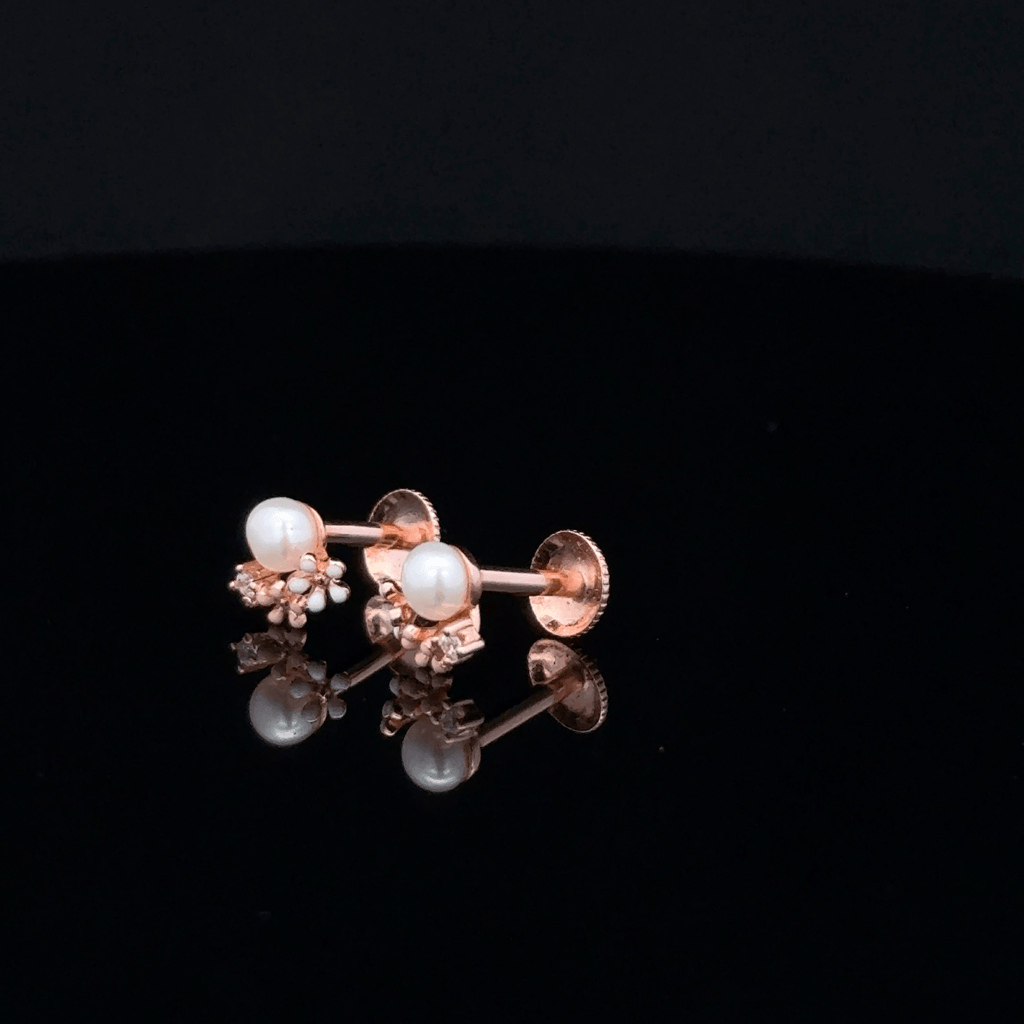 Rose Gold Pearl Stud Earrings with Enamel Flower Cluster