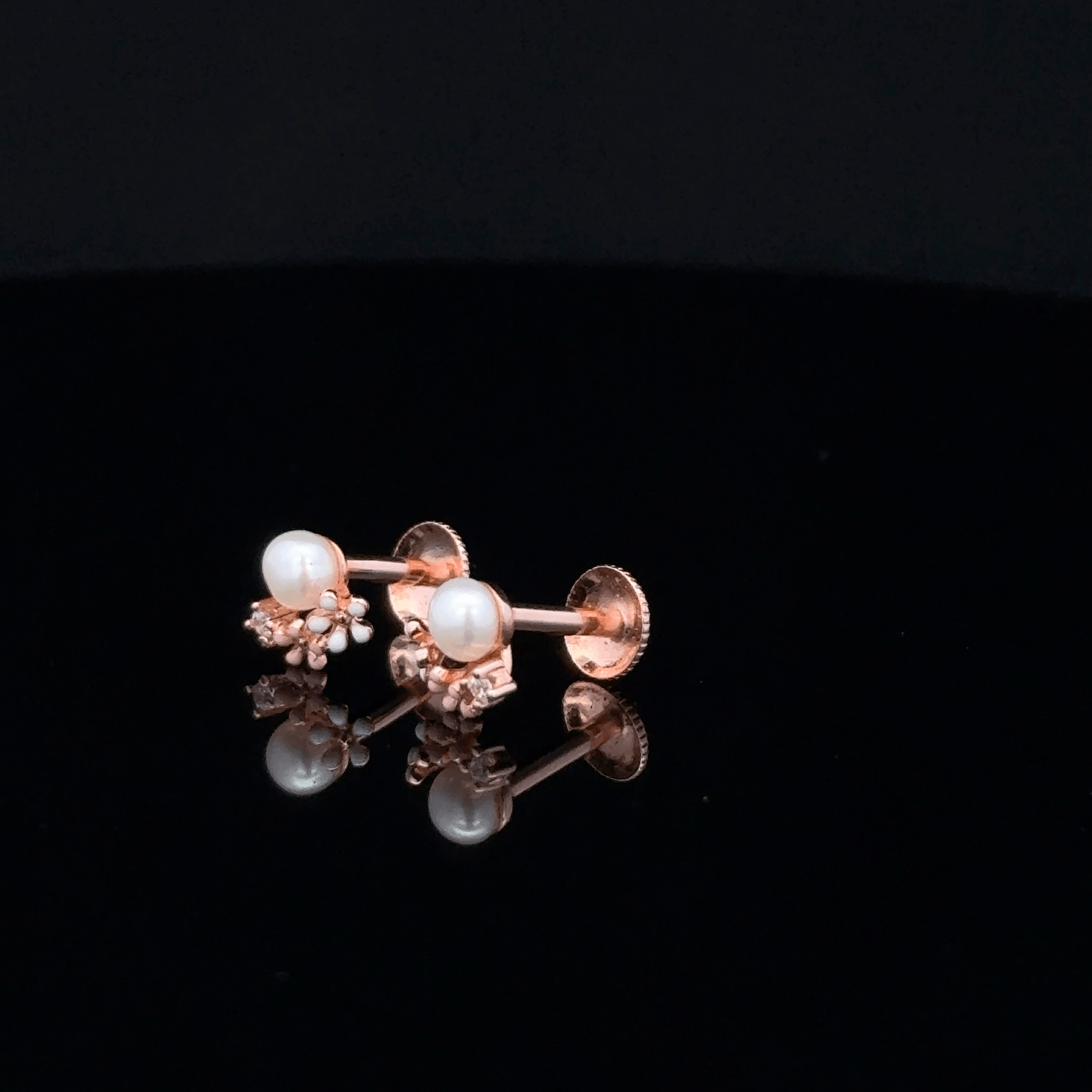 Rose Gold Pearl Stud Earrings with Enamel Flower Cluster