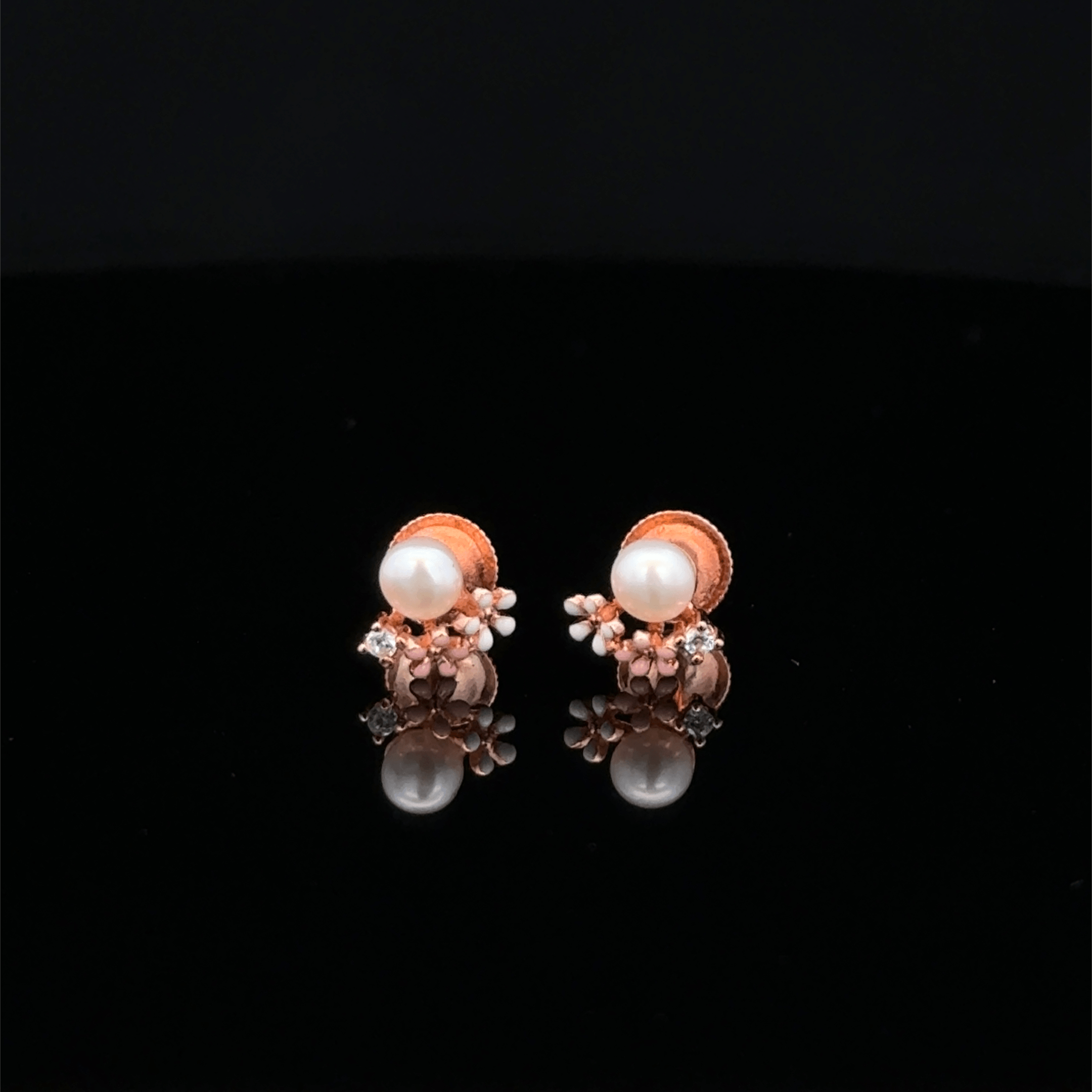 Rose Gold Pearl Stud Earrings with Enamel Flower Cluster