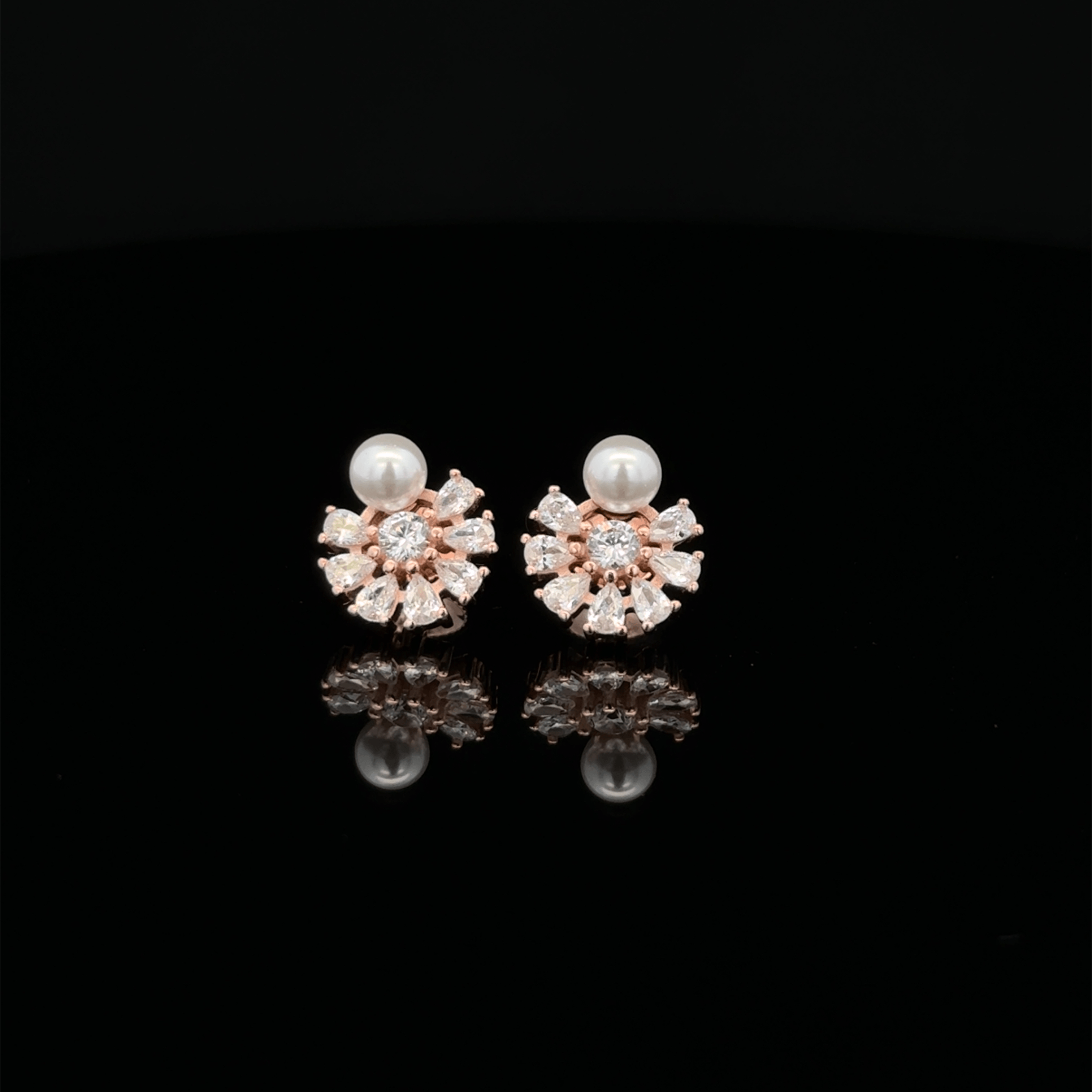 Rose Gold Pearl and Crystal Sunburst Earrings