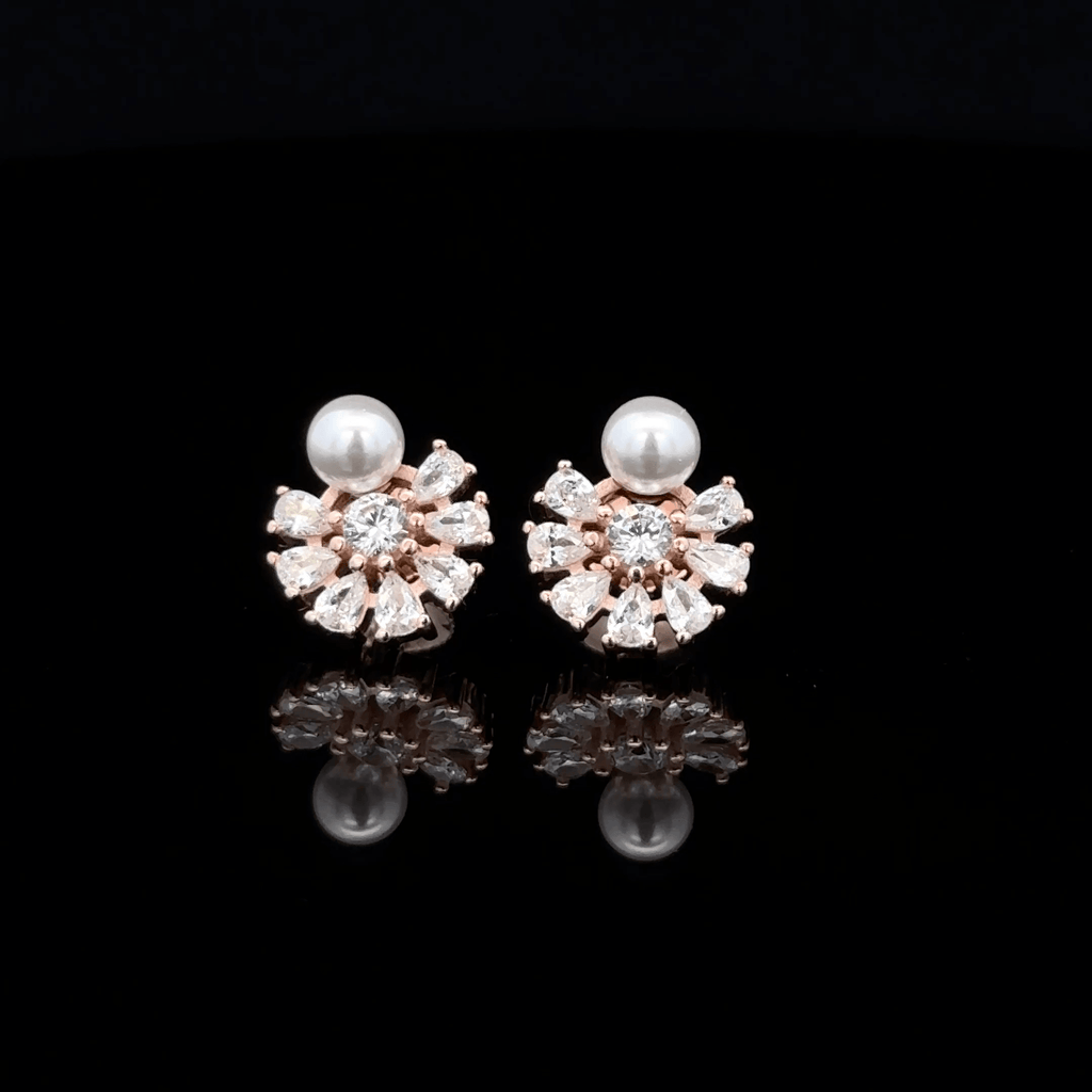 Rose Gold Pearl and Crystal Sunburst Earrings