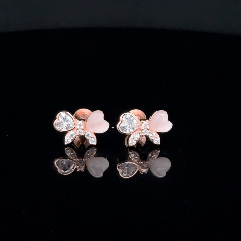 Rose Gold Butterfly Earrings with Pink Heart Stones