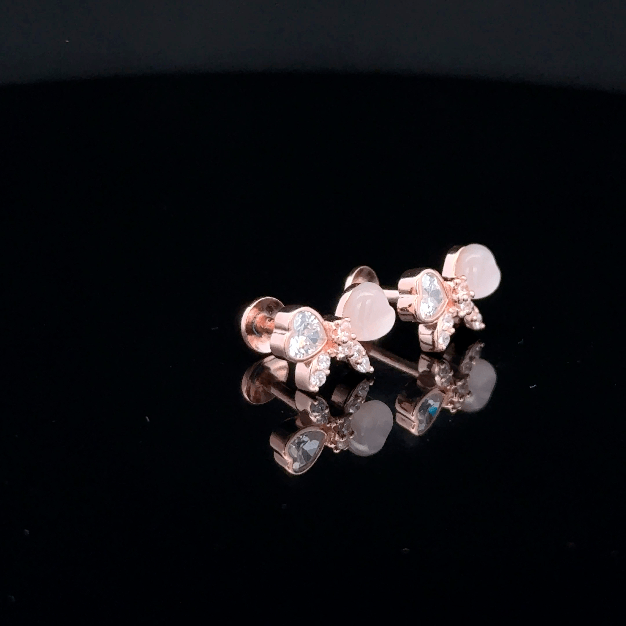 Rose Gold Butterfly Earrings with Pink Heart Stones