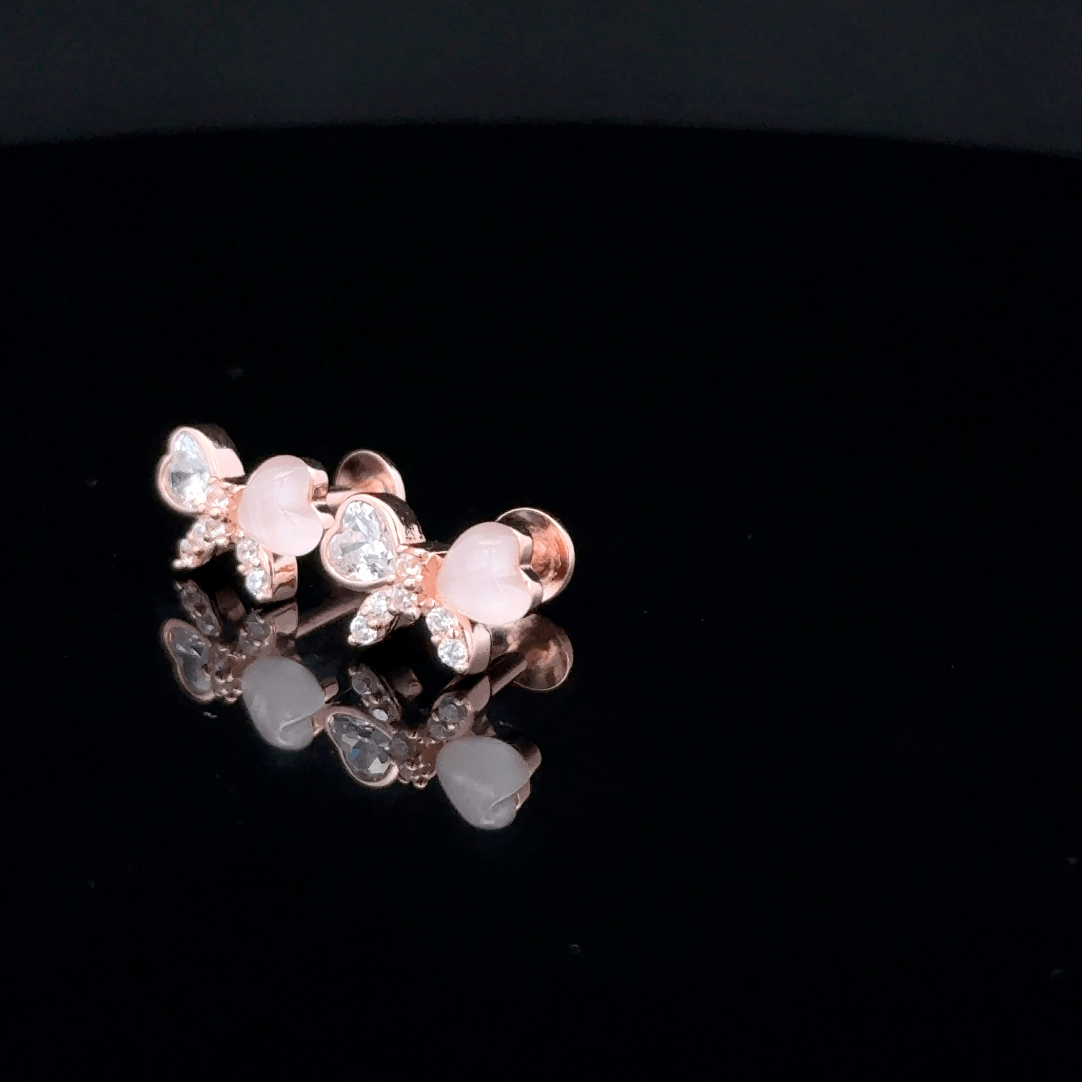 Rose Gold Butterfly Earrings with Pink Heart Stones