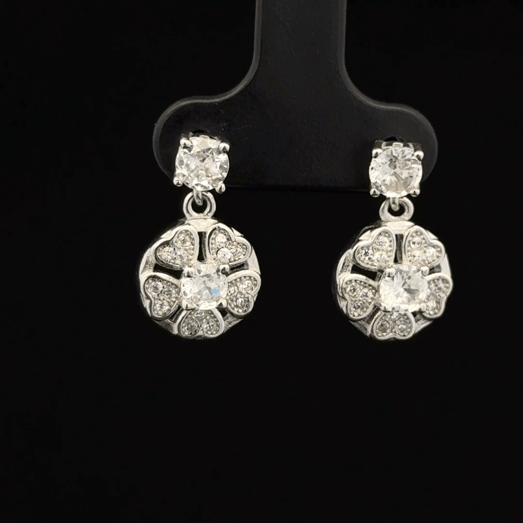 Heart-Petal Drop Earrings with Round Solitaire Top