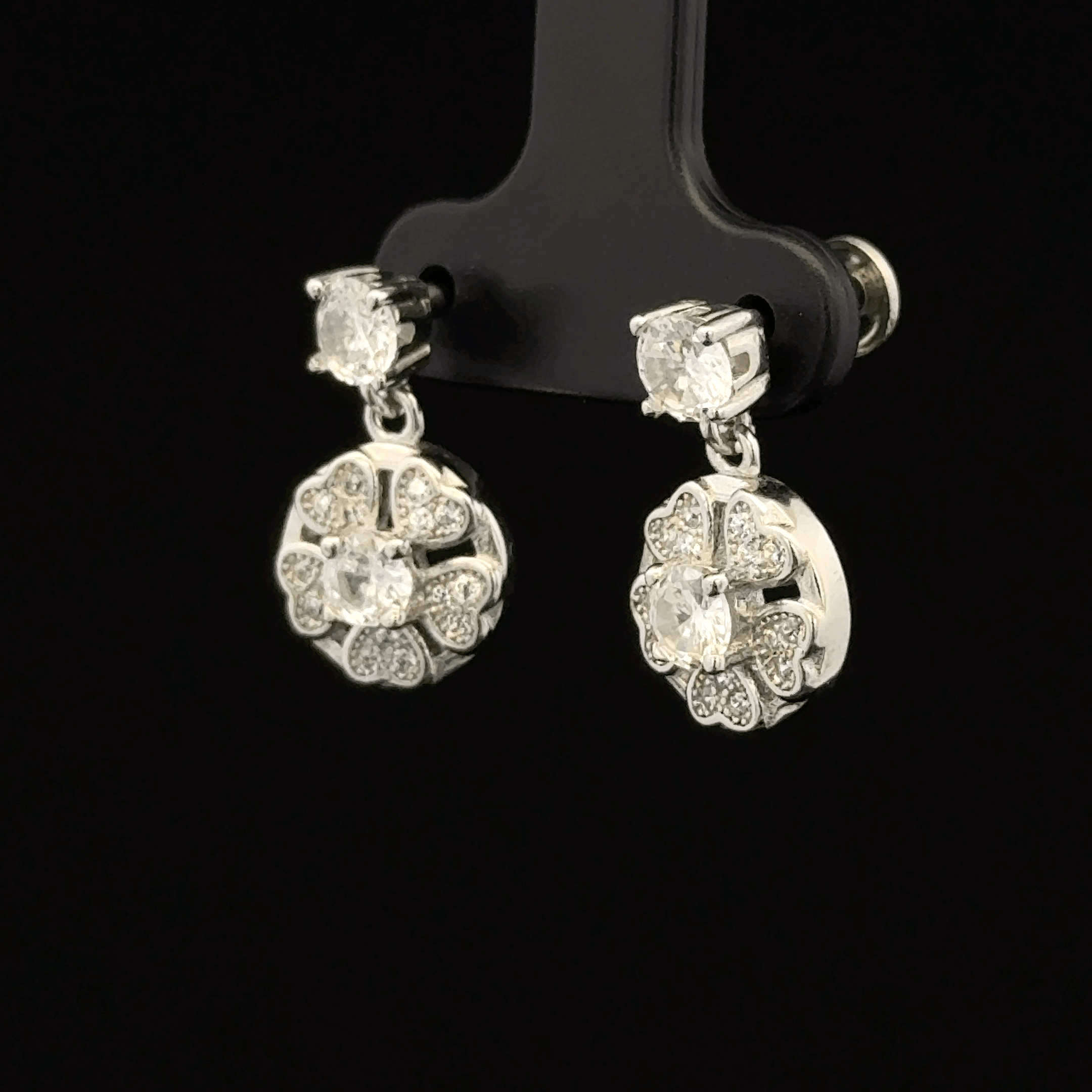 Heart-Petal Drop Earrings with Round Solitaire Top