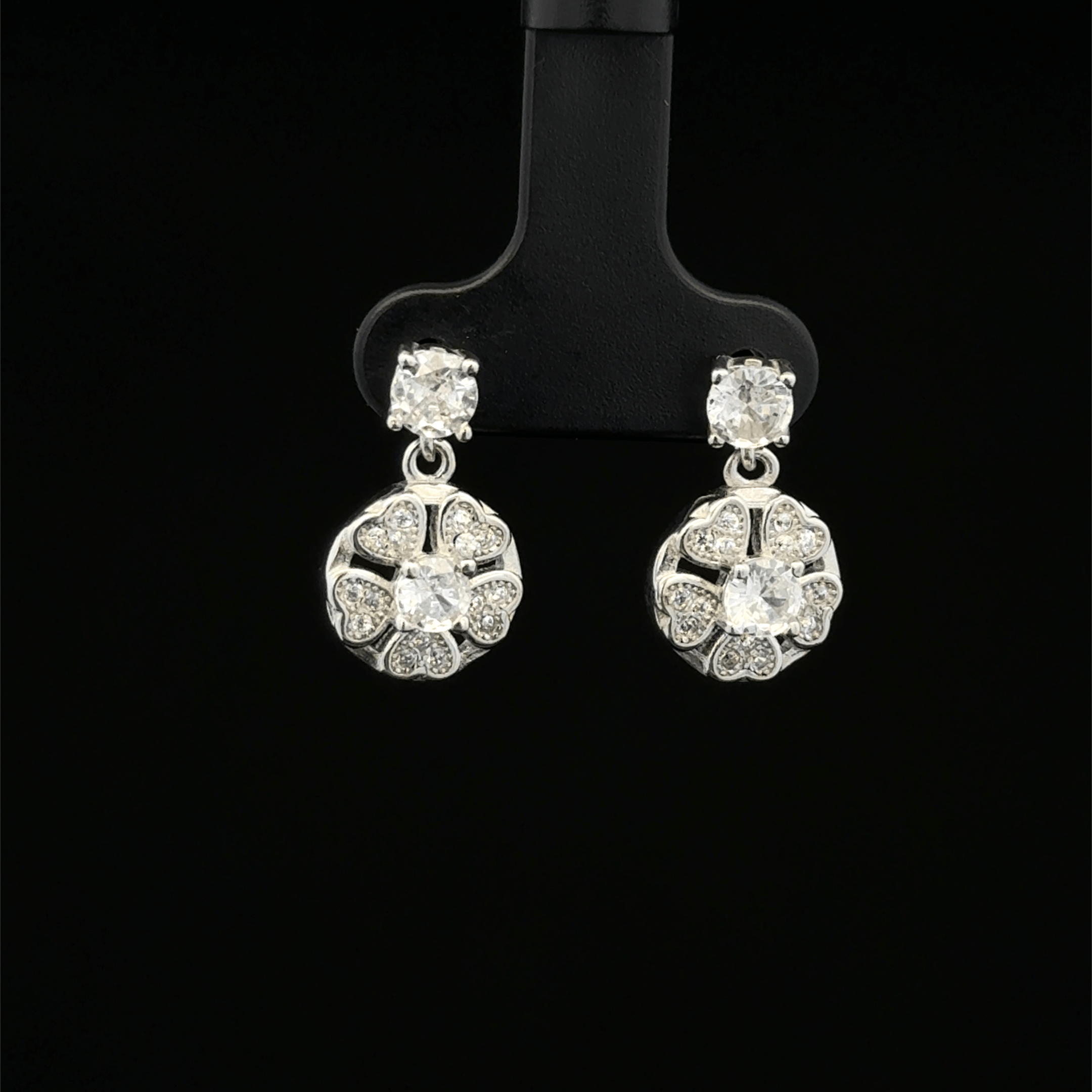 Heart-Petal Drop Earrings with Round Solitaire Top