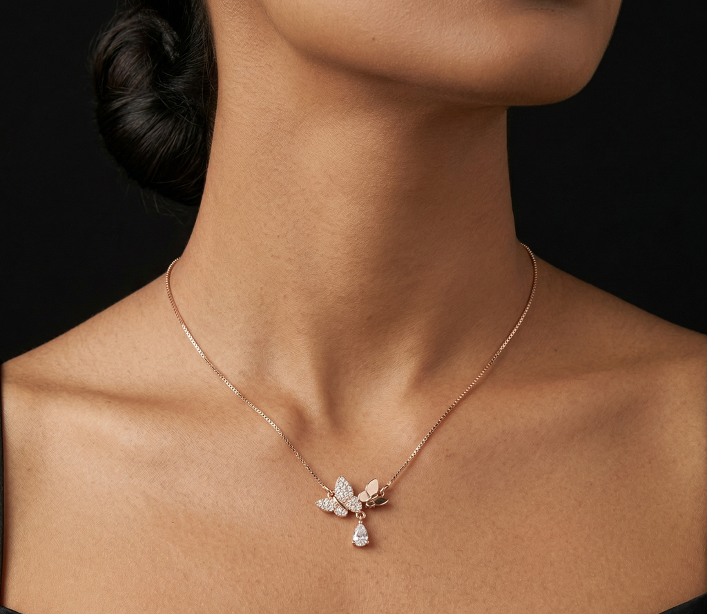 Twin butterfly rose gold chain pendant