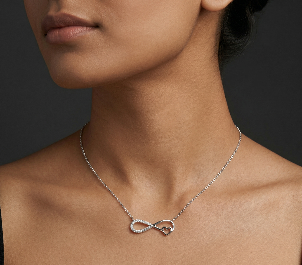 Rhodium infinity heart chain with pendent