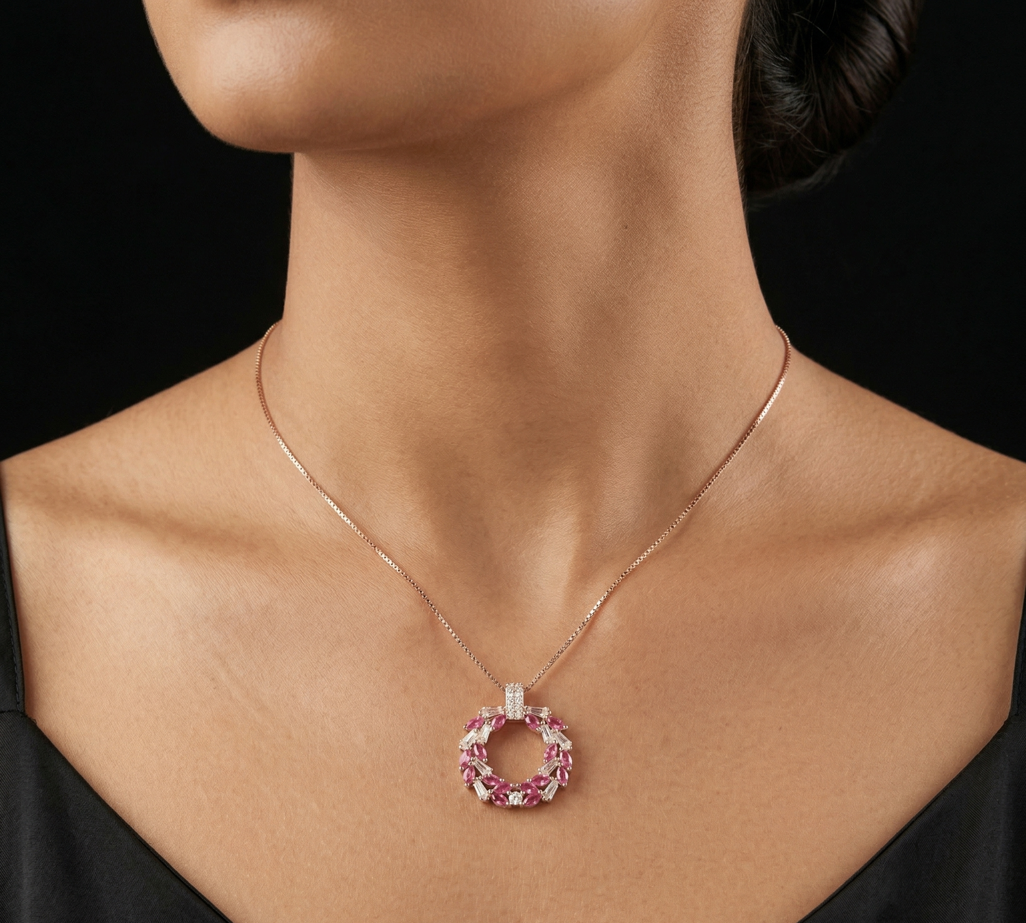 Floral Ruby Halo rose gold chain pendant