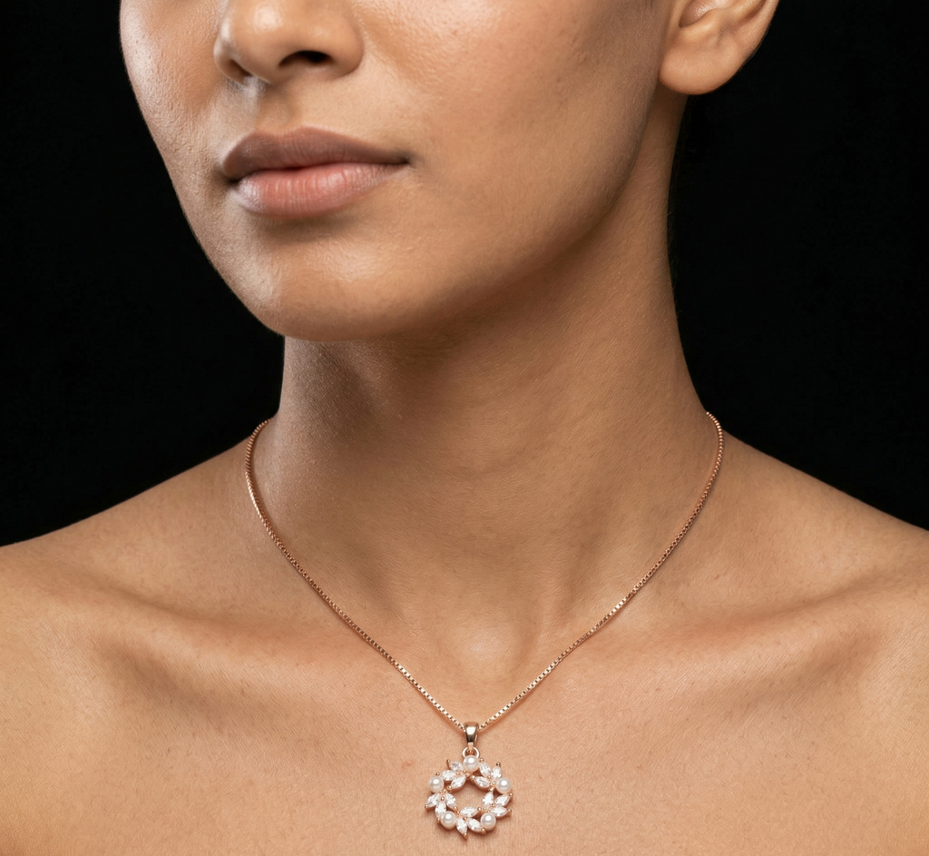 Floral Pearl Halo rose gold chain pendant