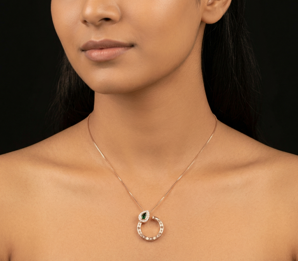 Baguette Circle with Pear Emerald rose gold chain pendant