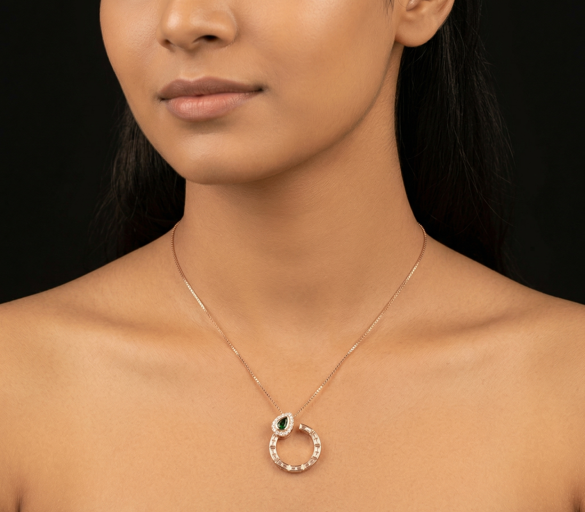 Baguette Circle with Pear Emerald rose gold chain pendant