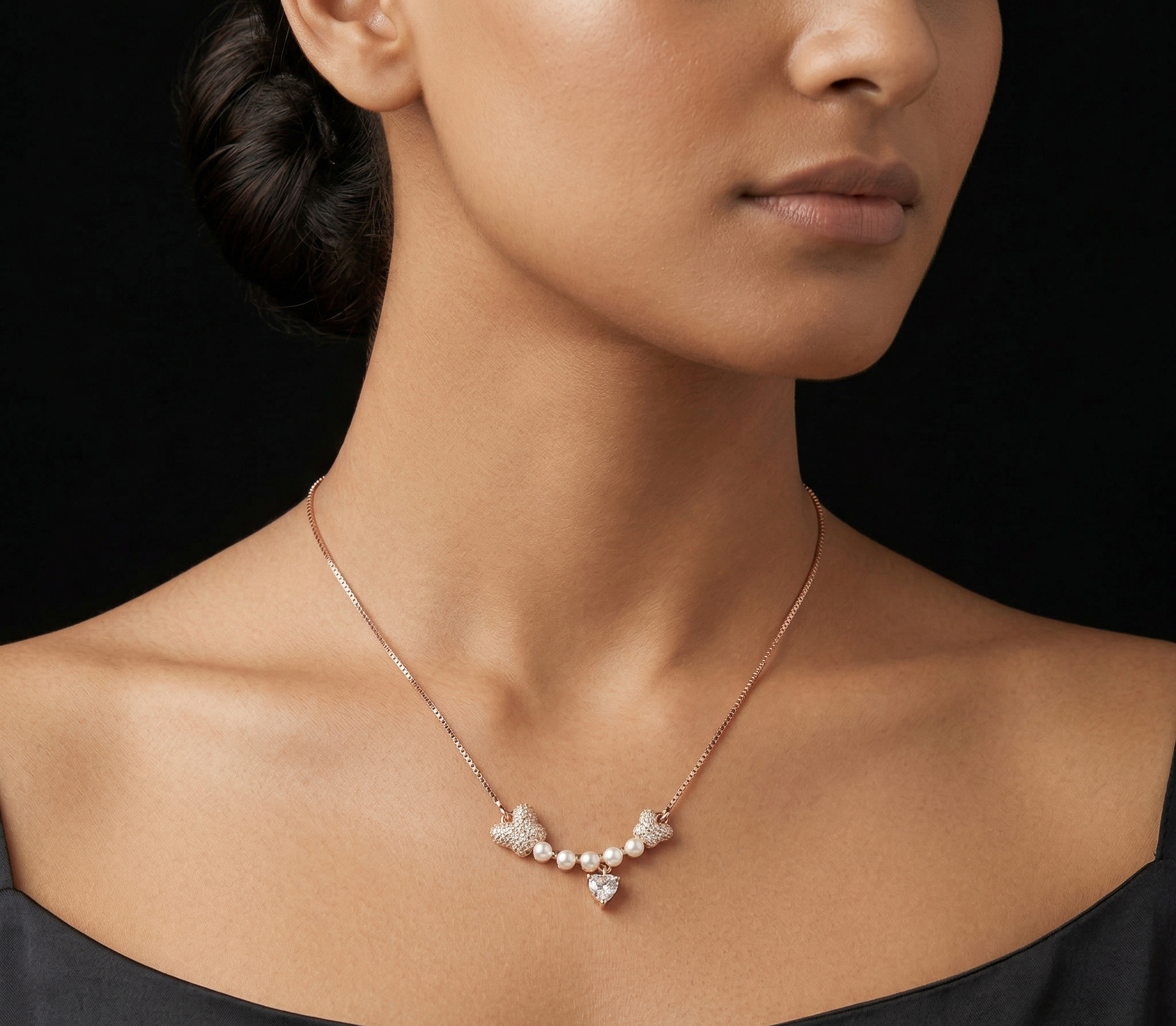 Pearl Bar with Heart Drop rose gold chain pendant