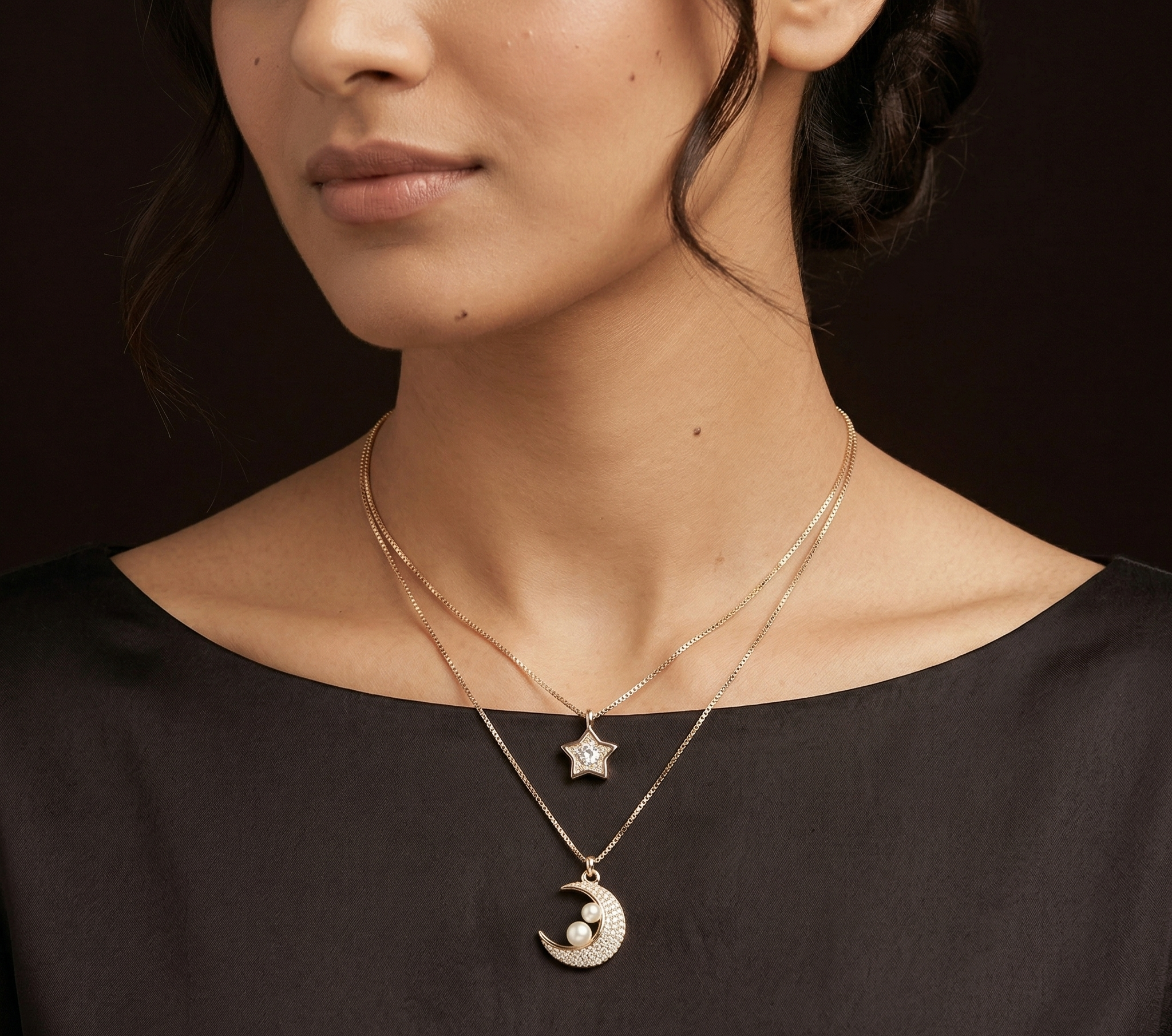 Pearl Moon and Star rose gold chain with pendant