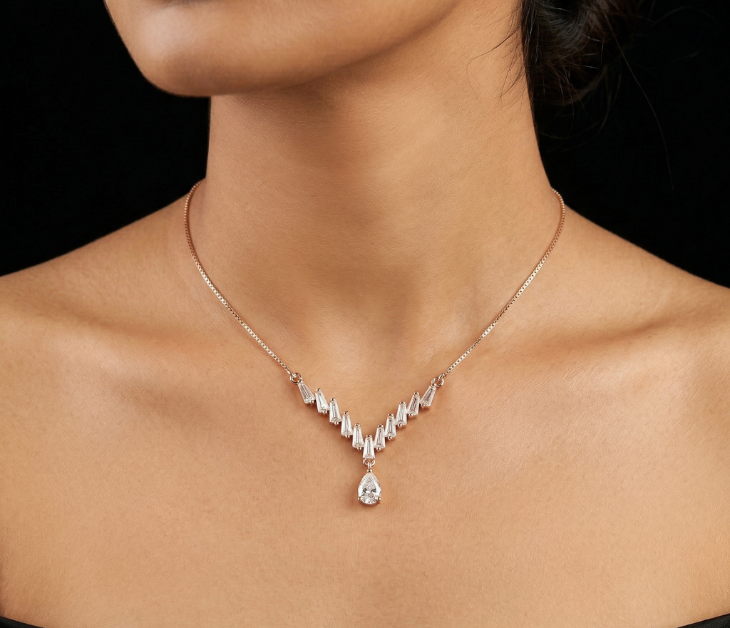 Baguette Chevron Pear Drop rose gold chain pendant