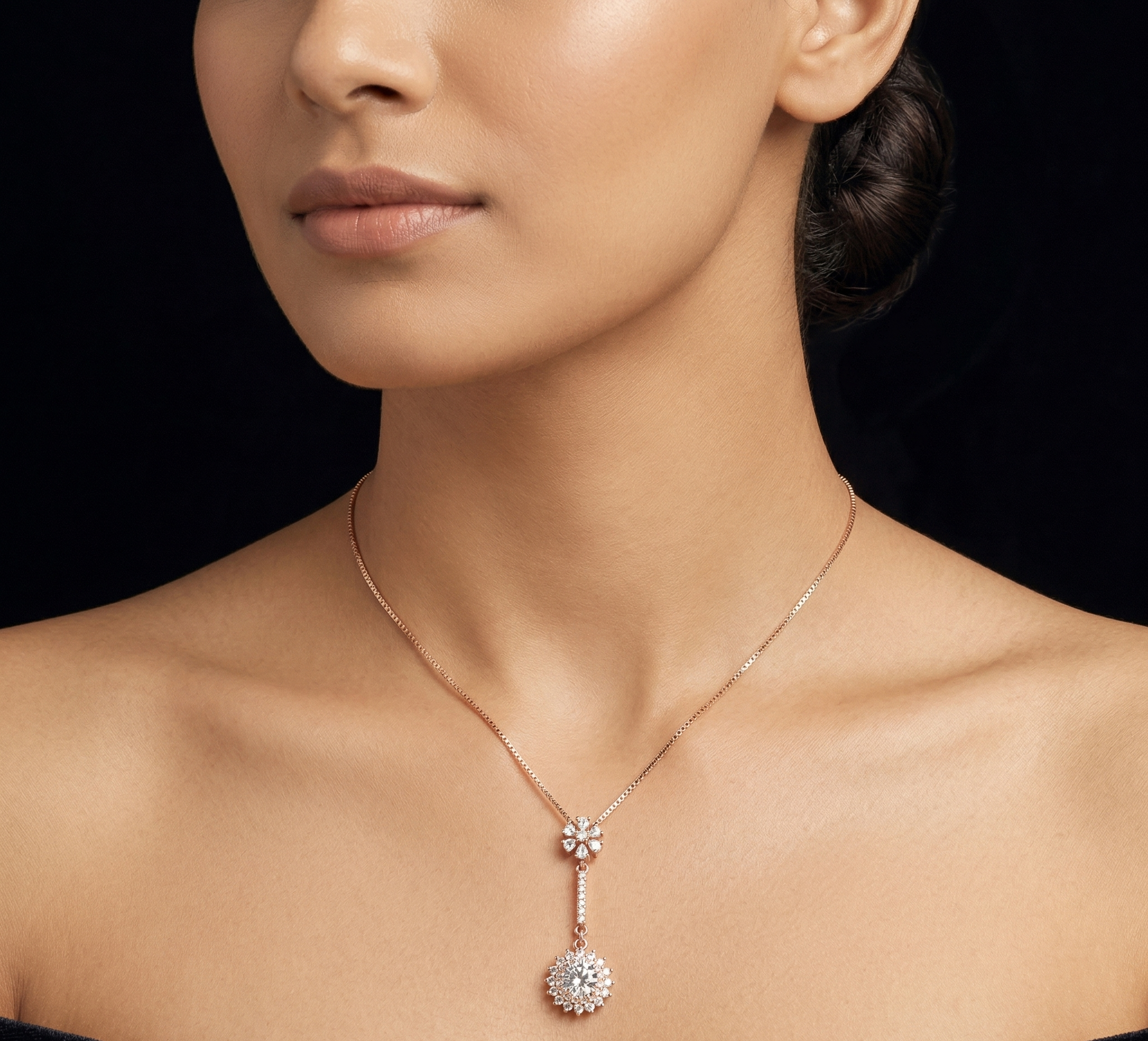 Flower and Sunburst Drop rose gold chain pendant