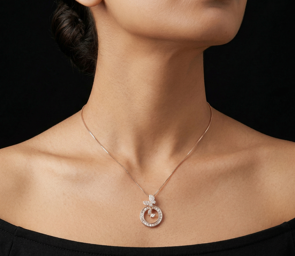 Butterfly with circle rose gold chain pendant