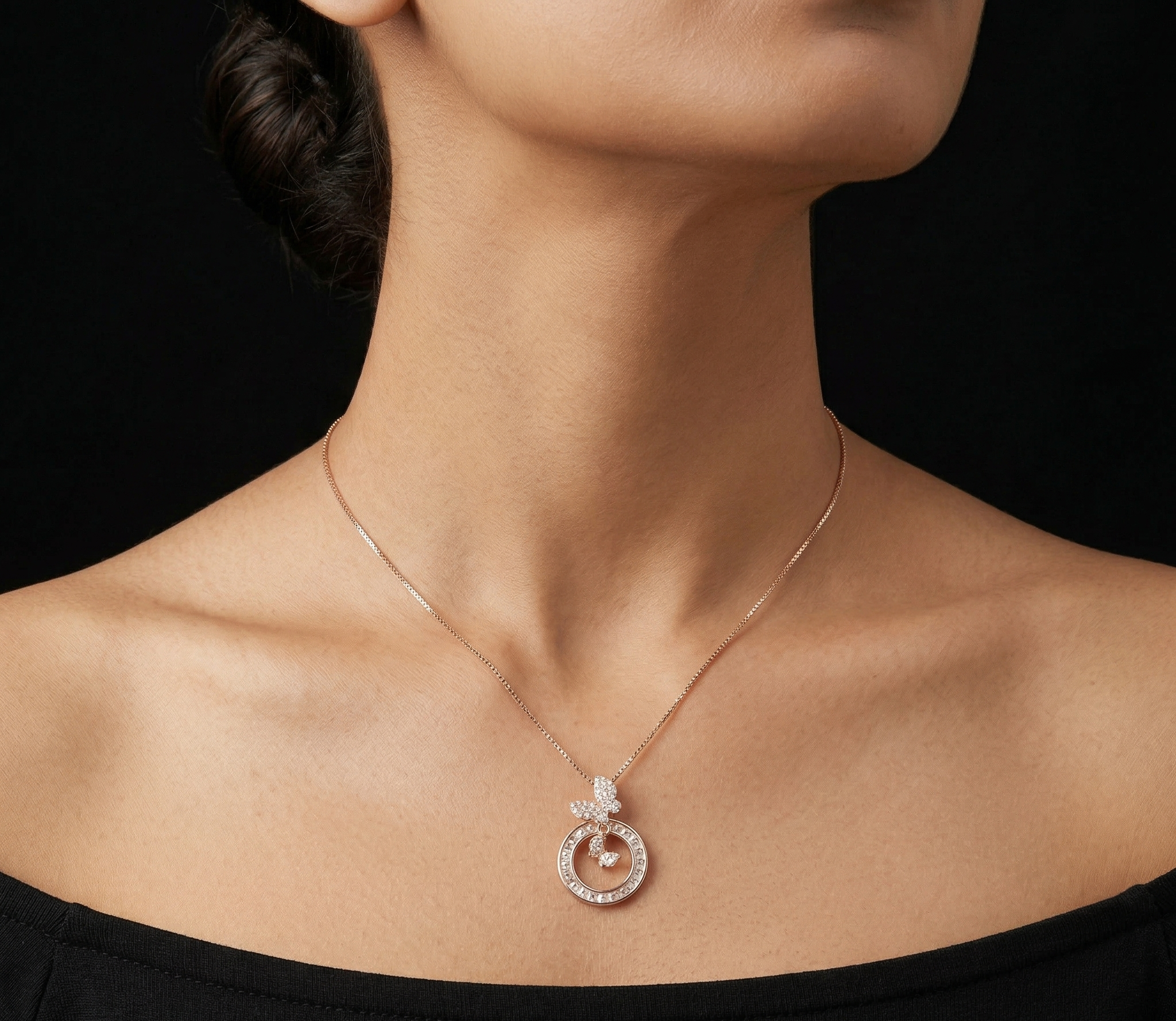 Butterfly with circle rose gold chain pendant