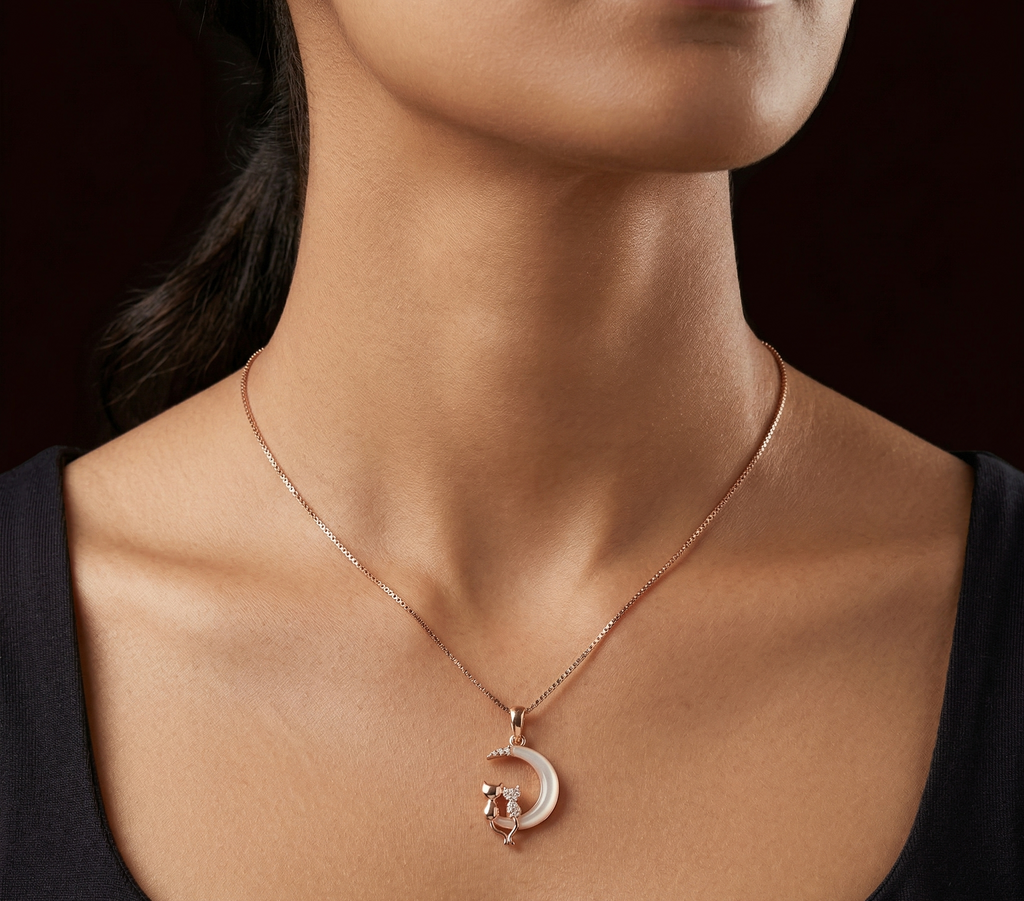 Half moon with cat rose gold chain pendant