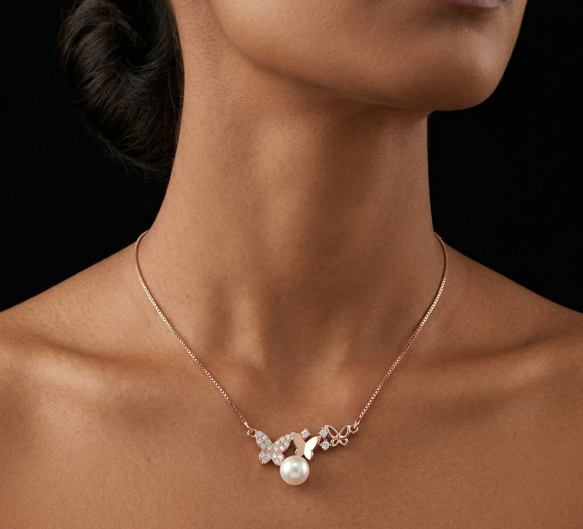 Twin Butterfly with pearl rose gold chain pendant