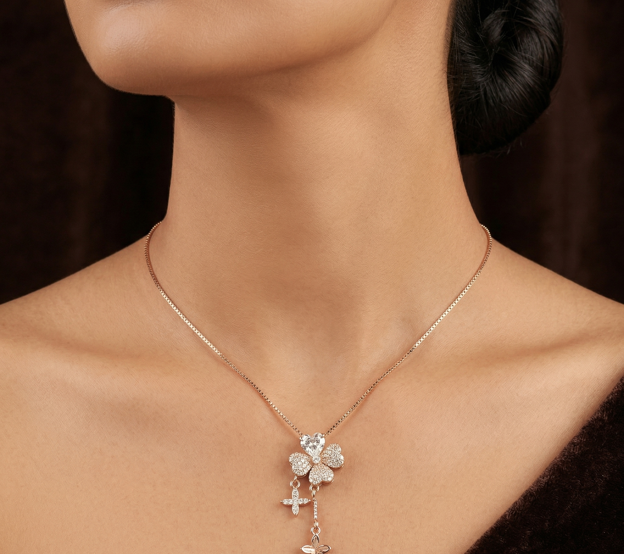 Flower with charm rose gold chain pendant