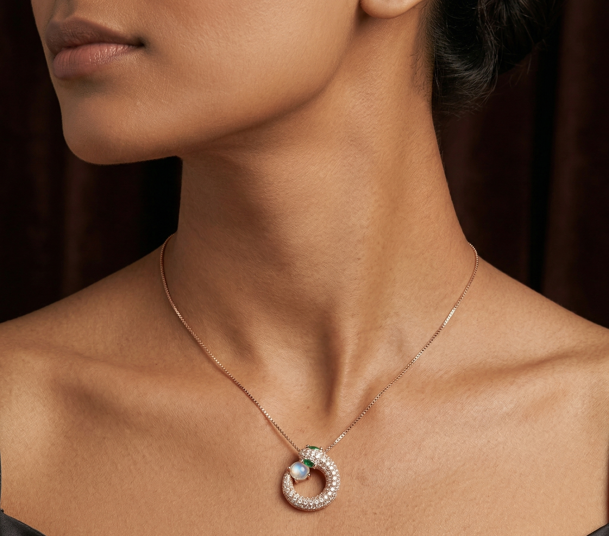 Pave Snake Moonstone rose gold chain pendant