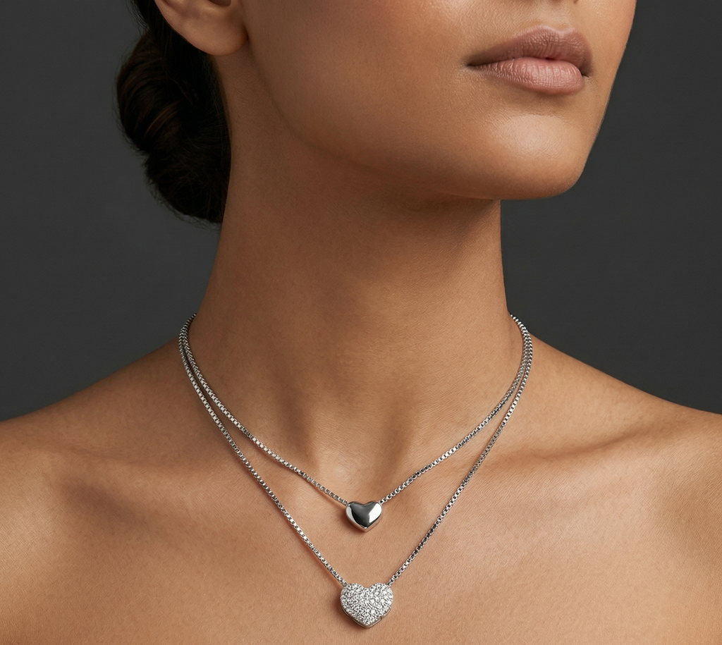 Rhodium Double layer heart chain with pendent