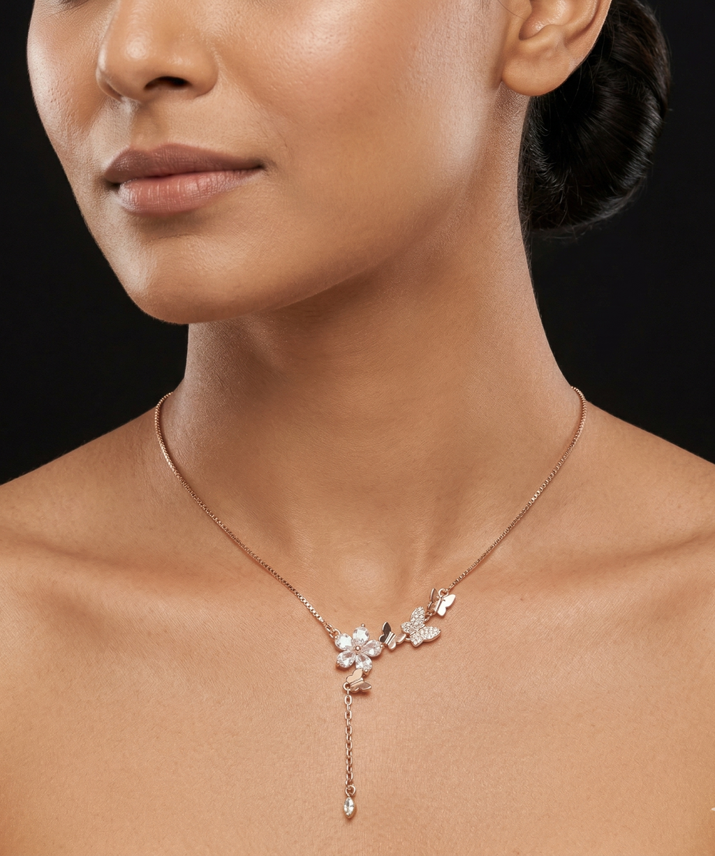 Butterfly & Flower rose gold chain pendant