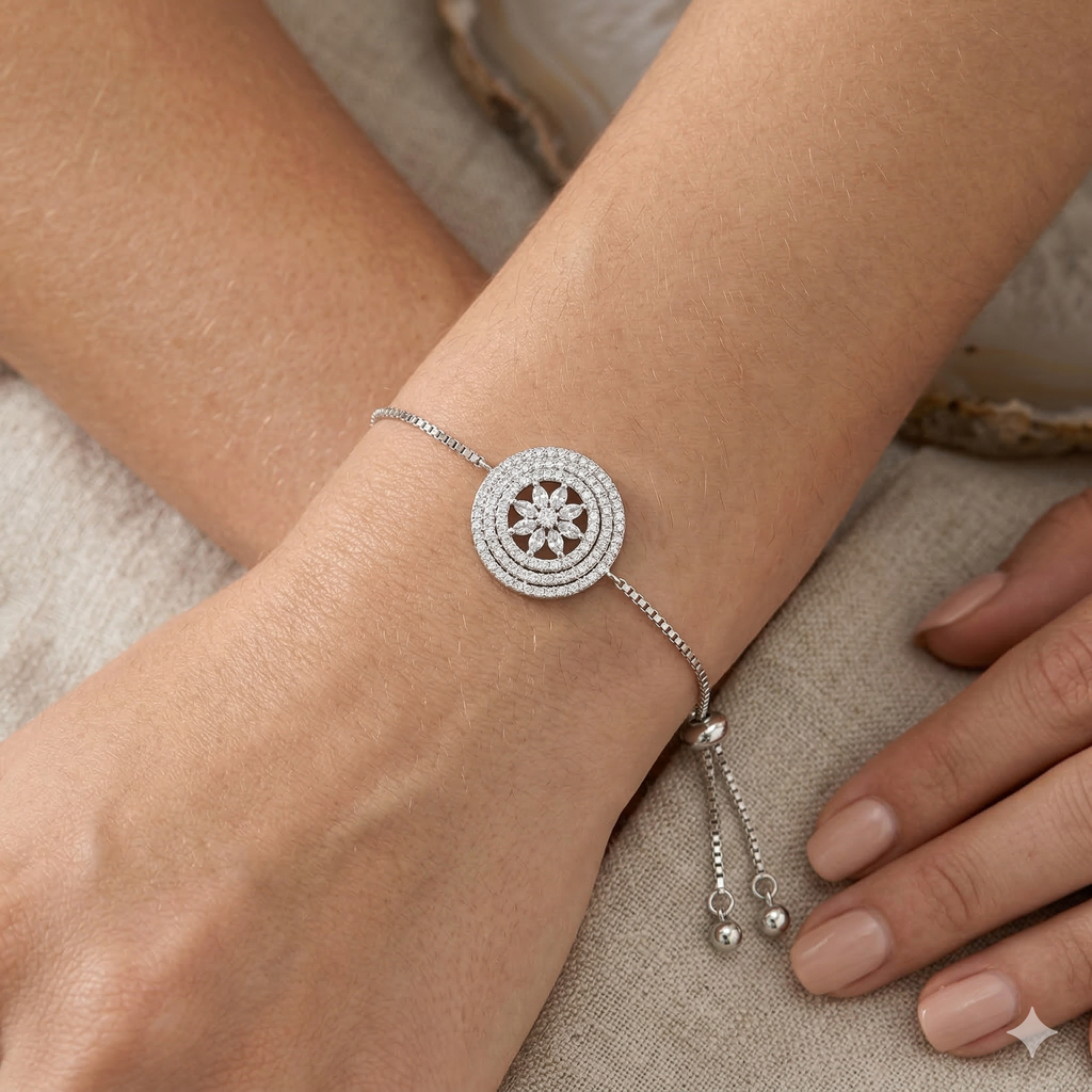 Rhodium wheel of life bracelet