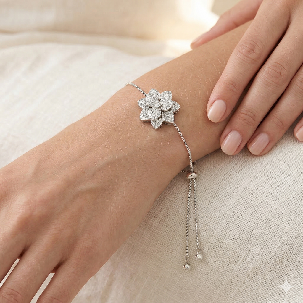 Rhodium Flower charm bracelet