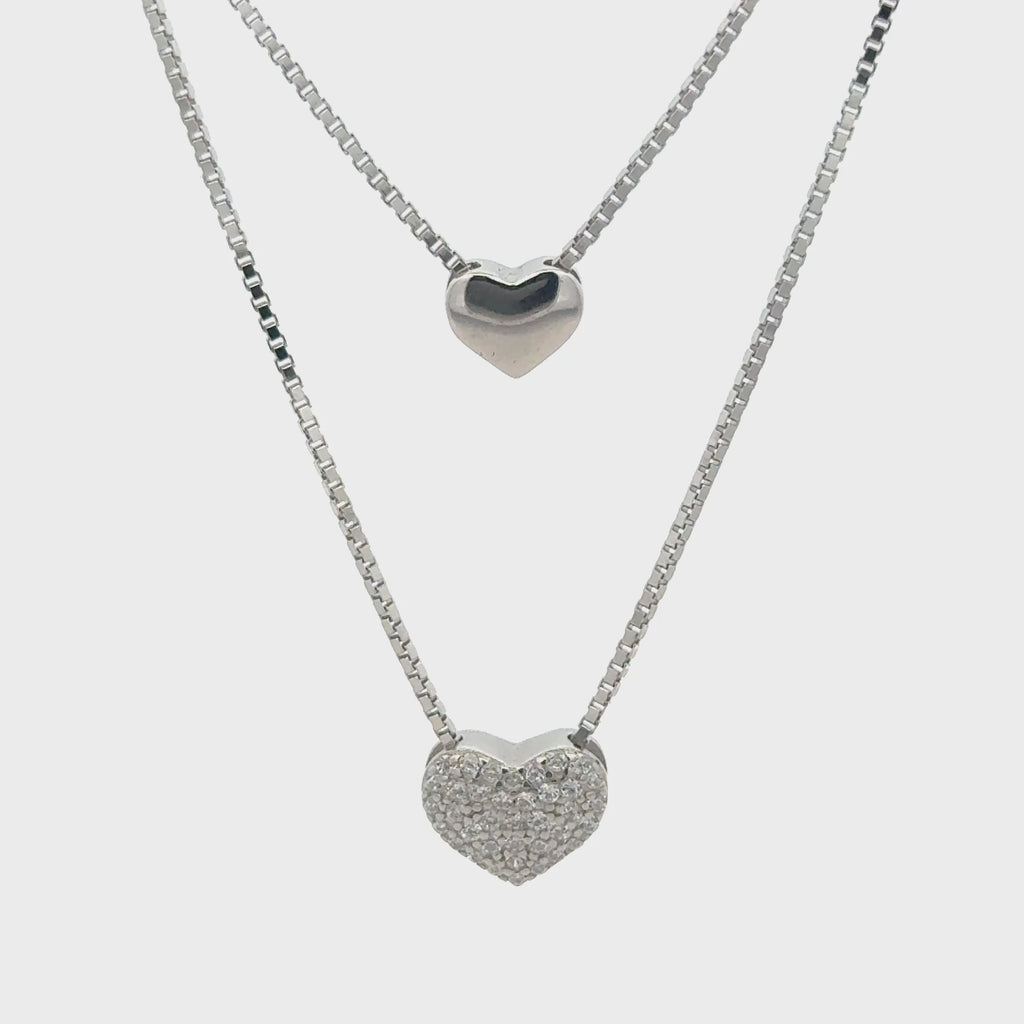 Rhodium Double layer heart chain with pendent
