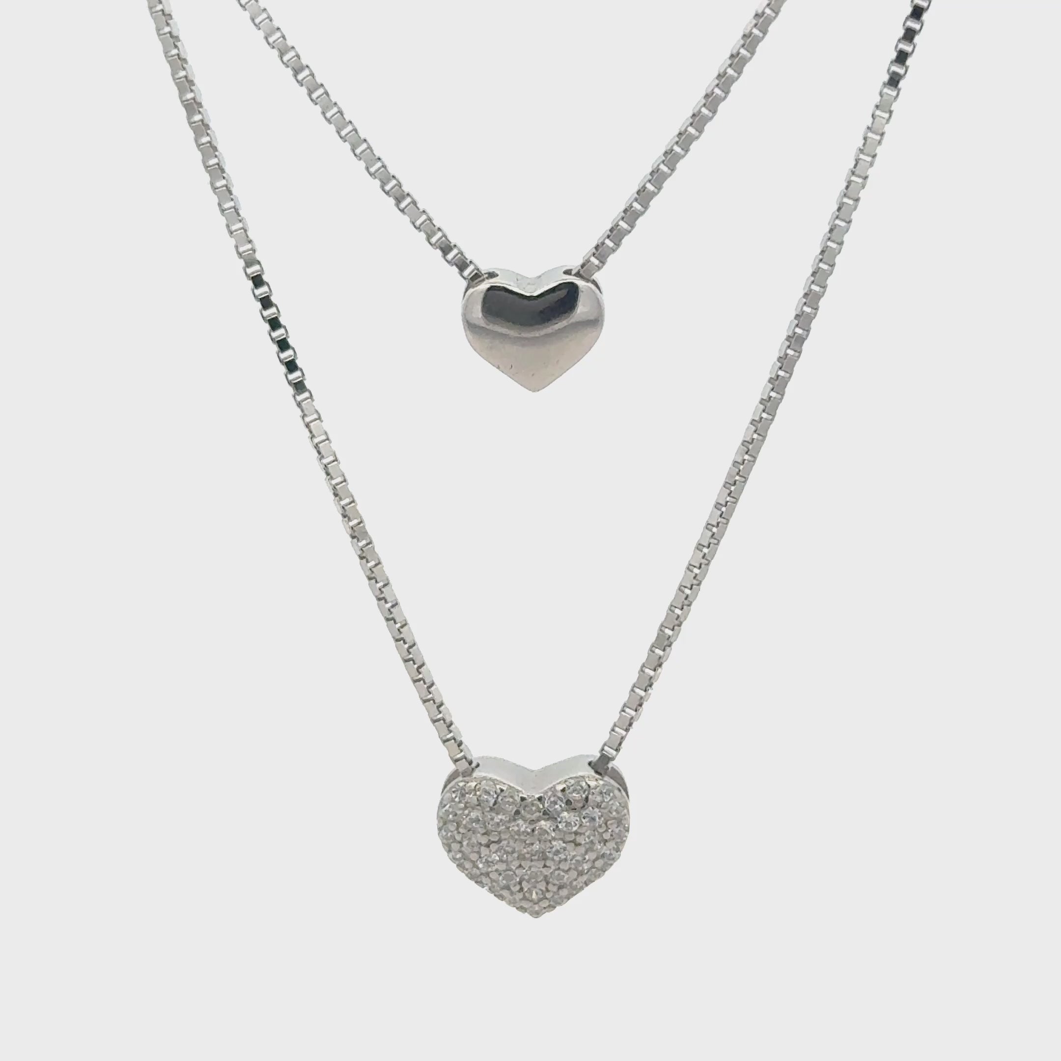 Rhodium Double layer heart chain with pendent